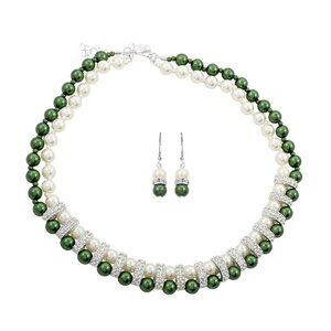 Women's Simulated White and Green Pearl and Diamond Necklace and Earrings Set
